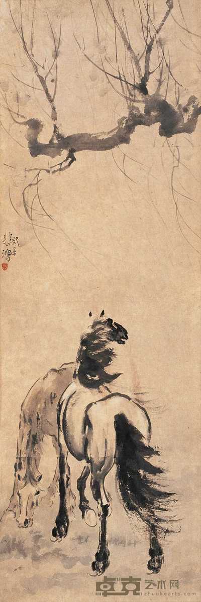 徐悲鸿 癸未（1943）年作 秋风双马 镜心 104×35cm